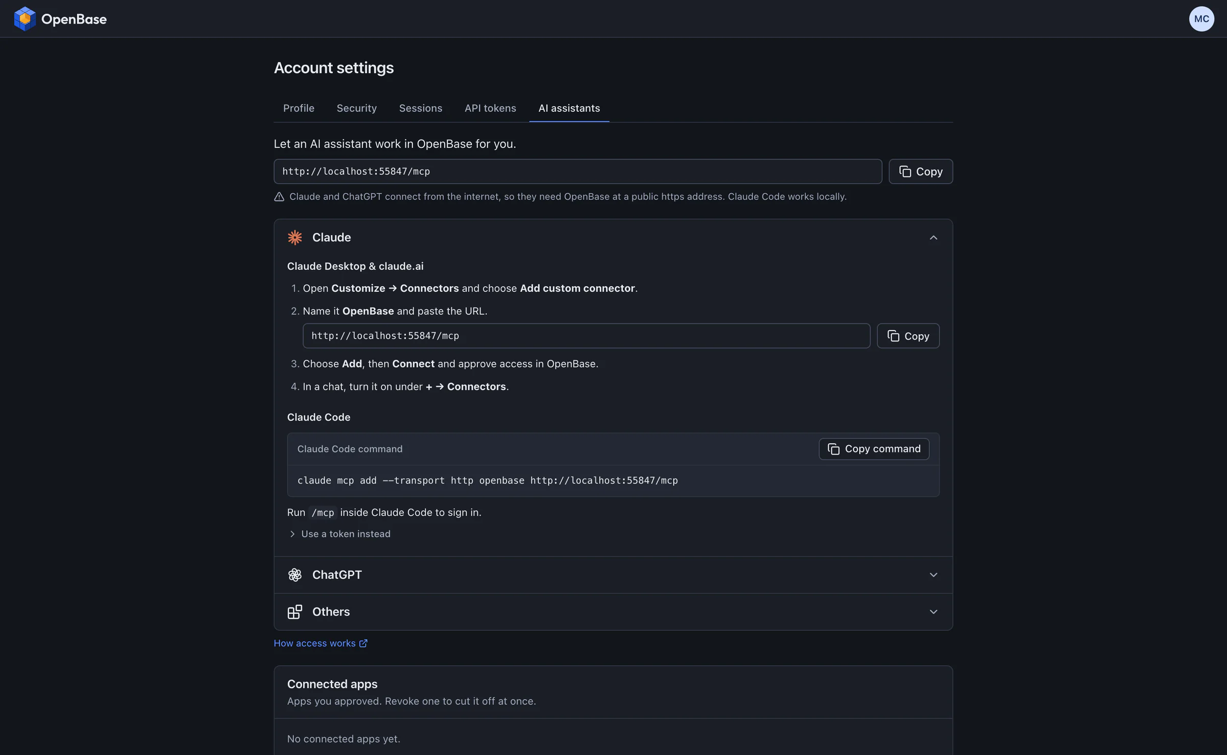 OpenBase account page with the MCP address and steps to connect Claude, ChatGPT and other assistants