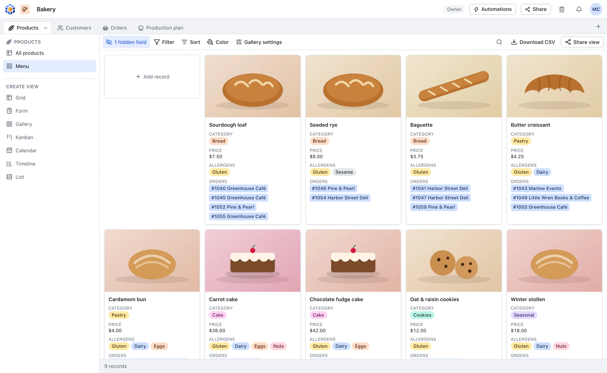 OpenBase gallery view of bakery products with photos, prices and allergens